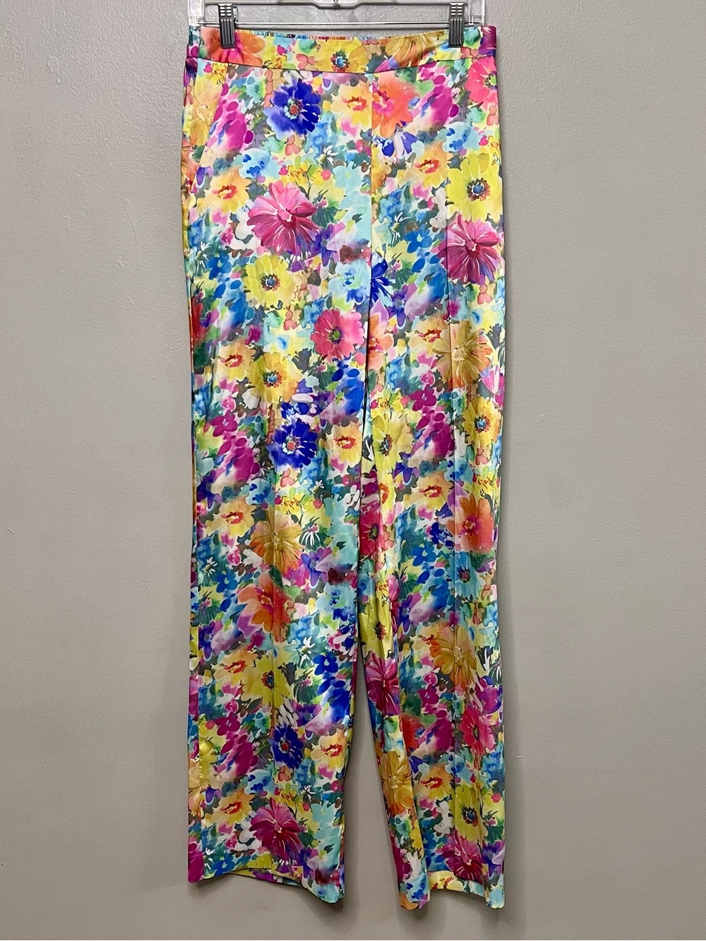 ZARA Floral Print Satin Finish High Waist Straight Leg Pants Multicolor Medium